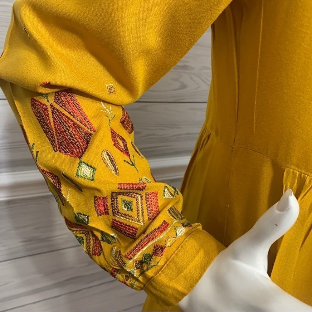 Beach Lunch Lounge Mustard Yellow Aztec Finely Embroidered Boho Dress - S - Picture 7 of 16